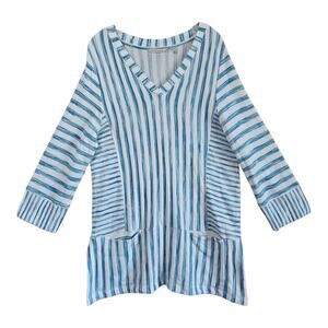 SOFT SURROUNDINGS L Briza Tunic Top Cover-Up Turquoise Striped Beach Resort 40"